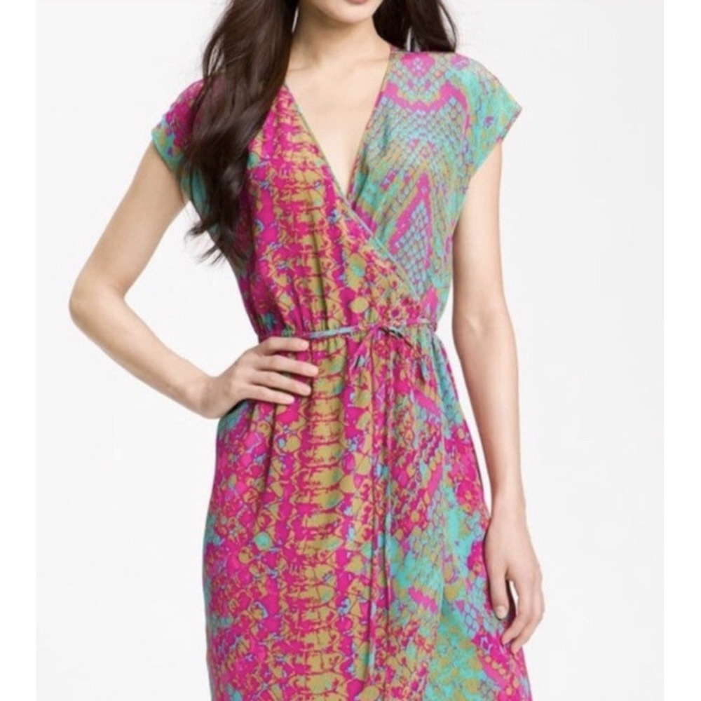 Presley Skye Silk Day Glo Snake Print Dress A-Line Short Sleeve Pink Aqua XL